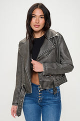 Coalition LA Zip Up Biker Jacket with Belt - Black