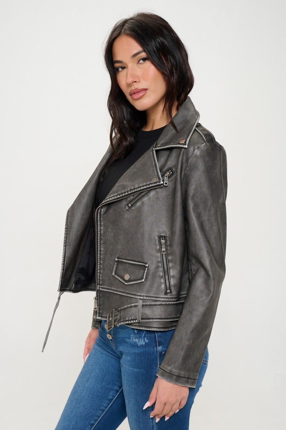 Coalition LA Zip Up Biker Jacket with Belt - Black