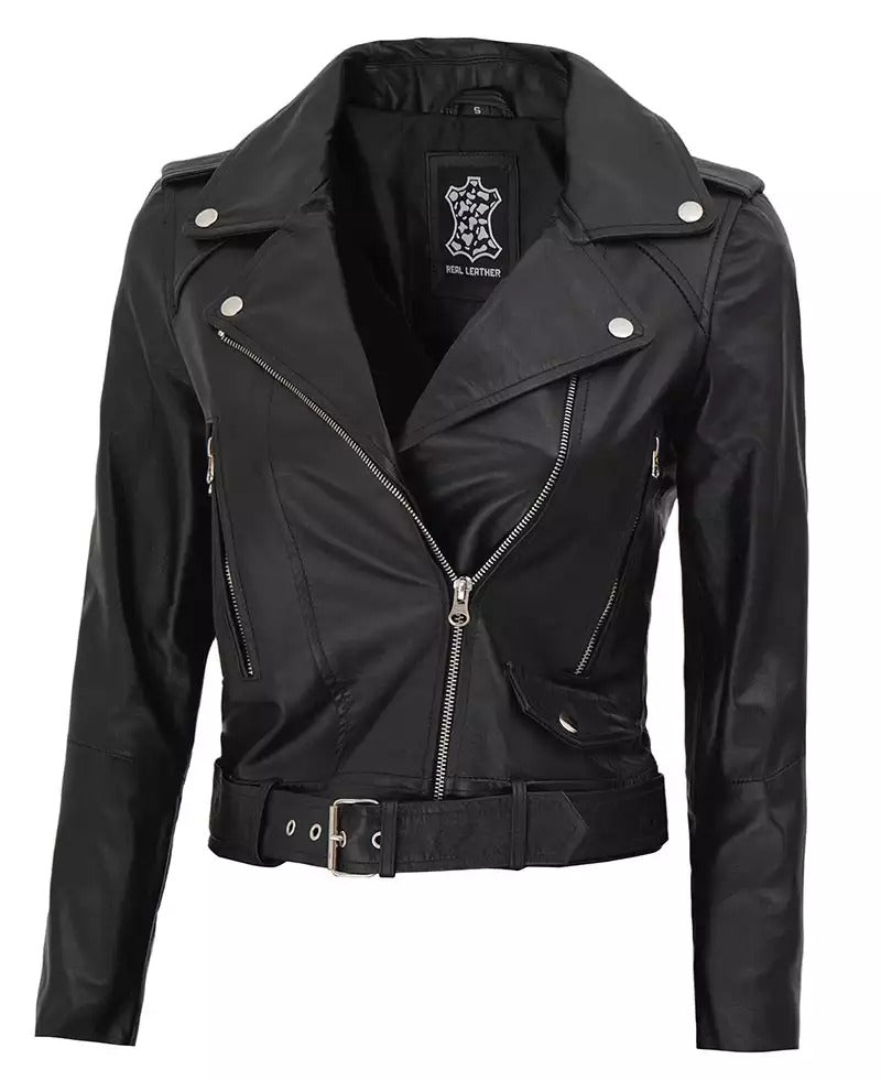 Nellie Black Asymmetrical Cropped Leather Jacket Womens