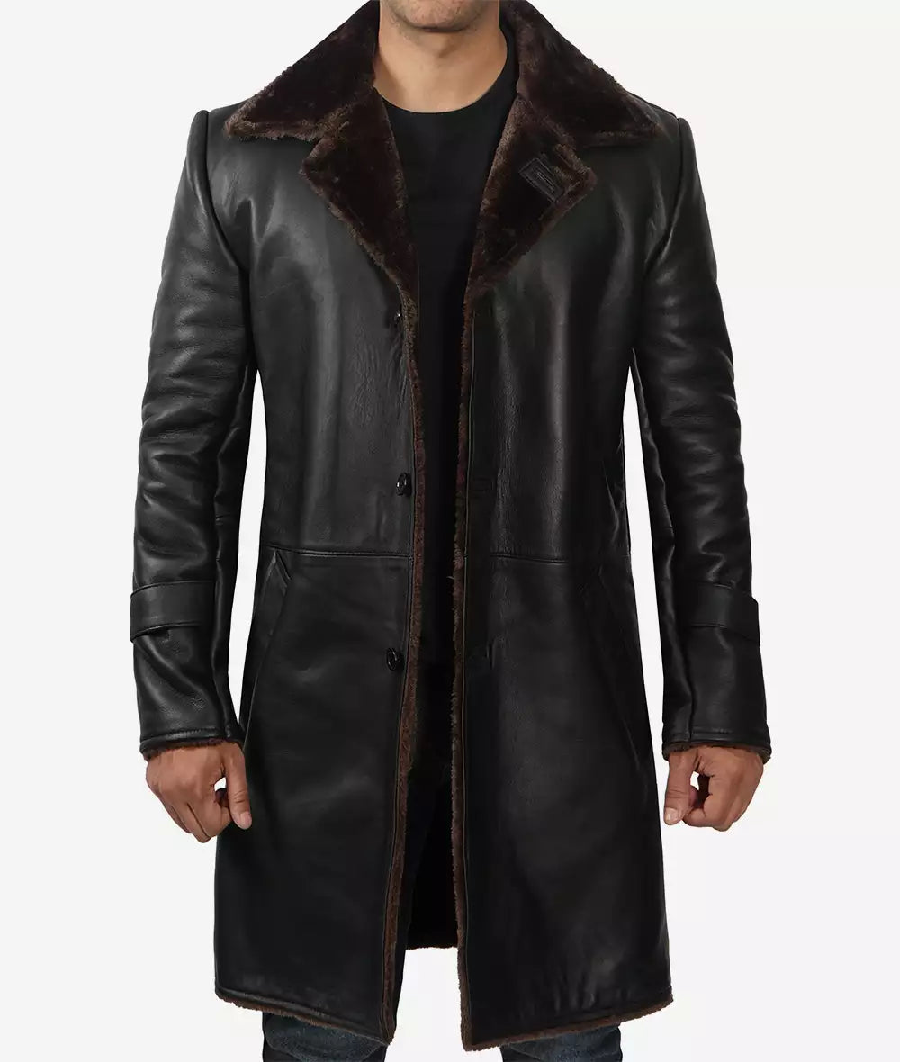 Men's 3/4 Length Black Shearling Coat - Winter Coat