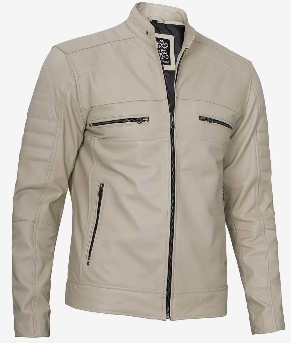 Mens Beige Cafe Racer Leather Jacket