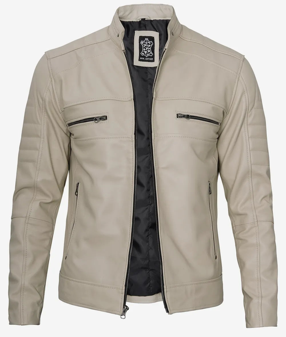 Mens Beige Cafe Racer Leather Jacket