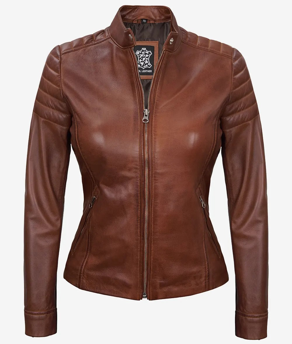 Women's Cognac Cafe Racer Leather Jacket