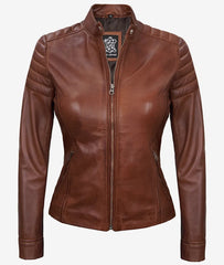 Women's Cognac Cafe Racer Leather Jacket