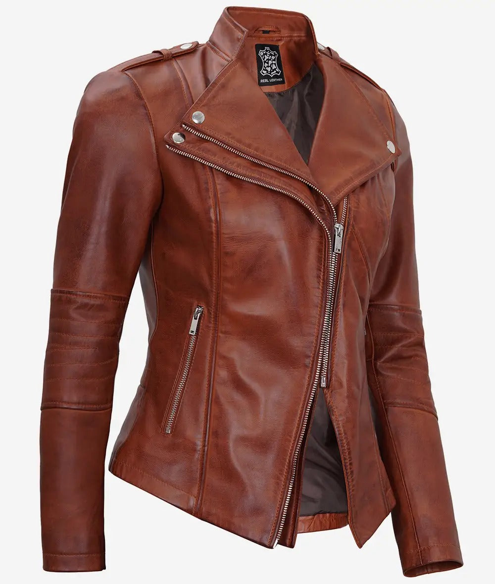 Women's Cognac Motorcycle Leather Jacket