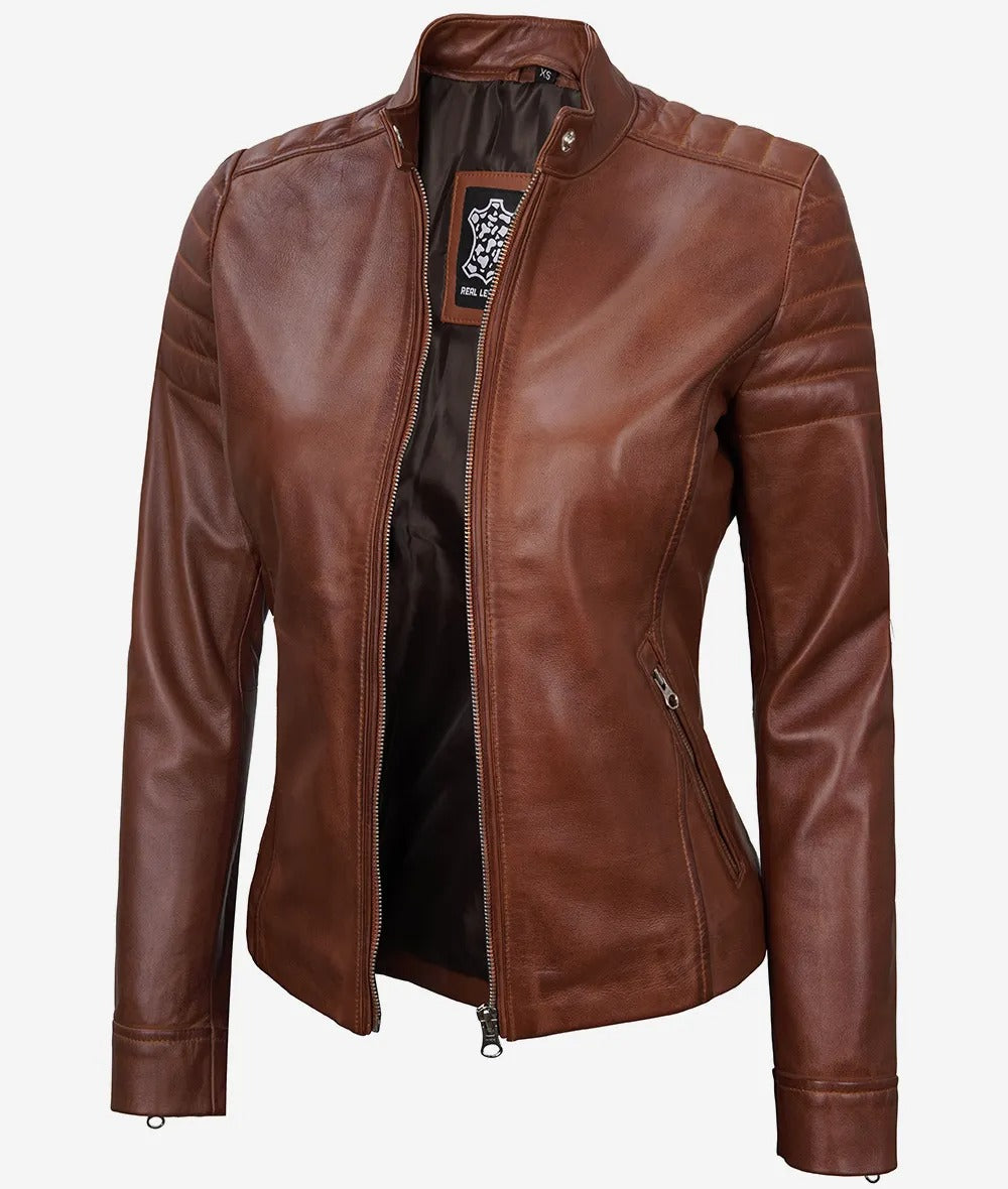 Women's Cognac Cafe Racer Leather Jacket