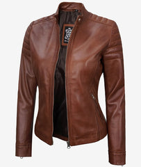 Women's Cognac Cafe Racer Leather Jacket