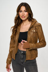 Coalition LA Double Zip Hooded Long Sleeve Jacket - Brown