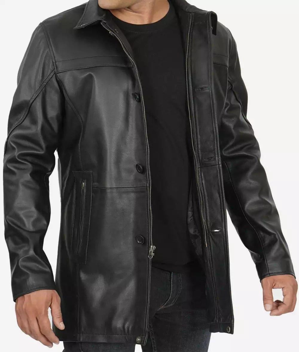 Men's Tall Black Leather Car Coat – 3/4 Length Jacket