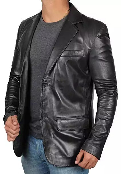 Mens Tall Two Button Black Leather Blazer Jacket