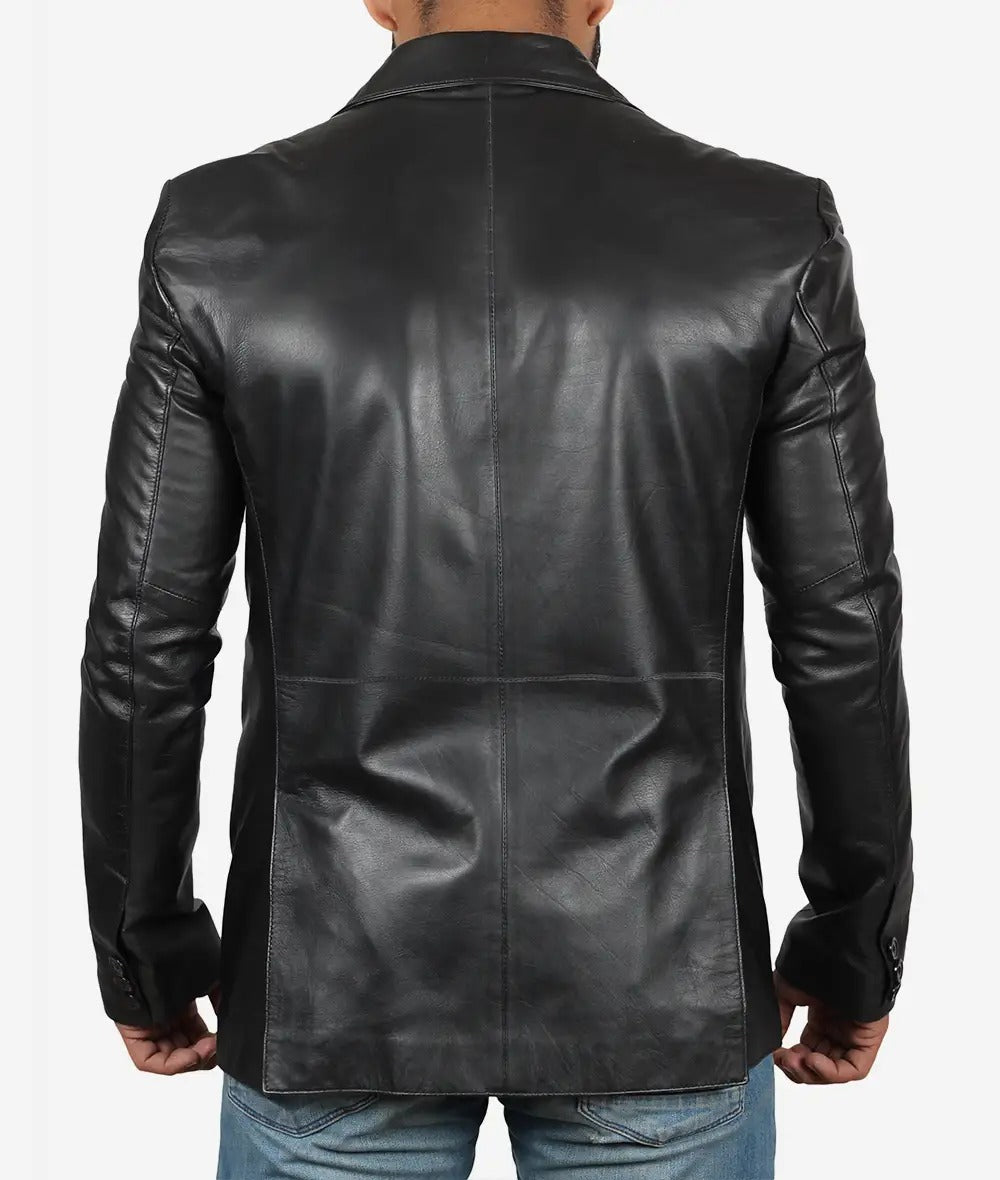 Mens Tall Two Button Black Leather Blazer Jacket