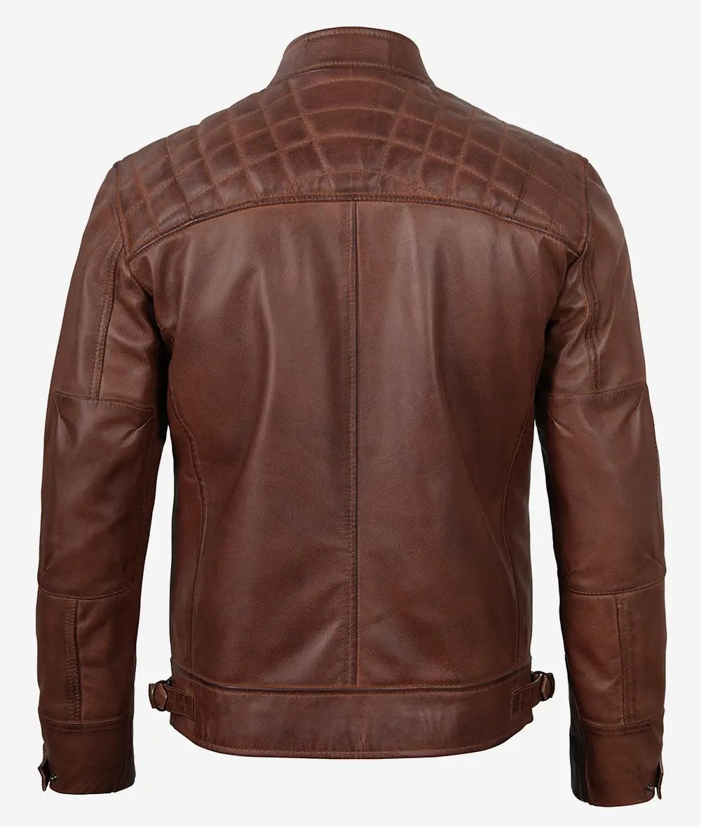 Johnson Mens Tall Cognac Cafe Racer Quilted Leather Jacket