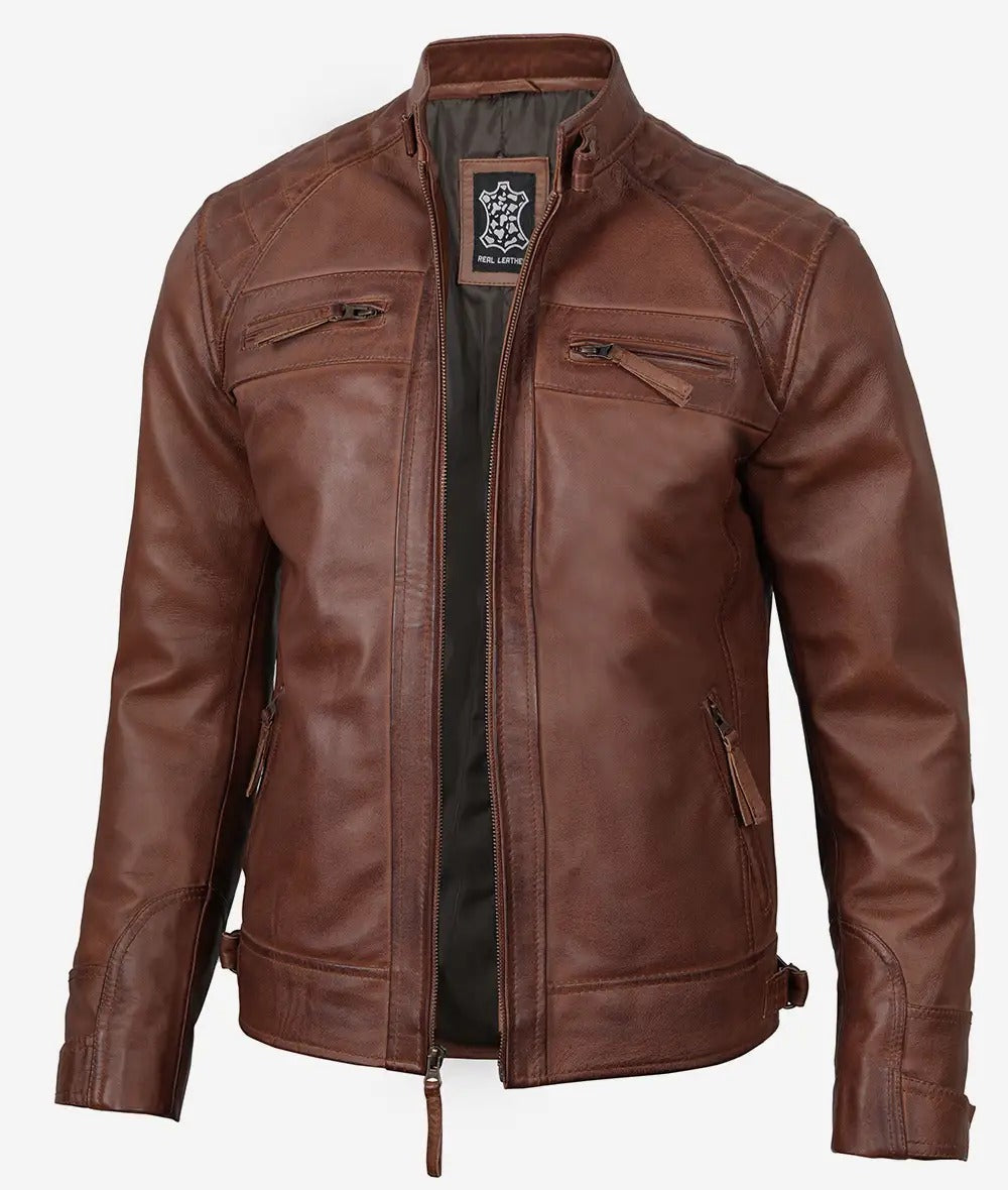 Johnson Mens Tall Cognac Cafe Racer Quilted Leather Jacket