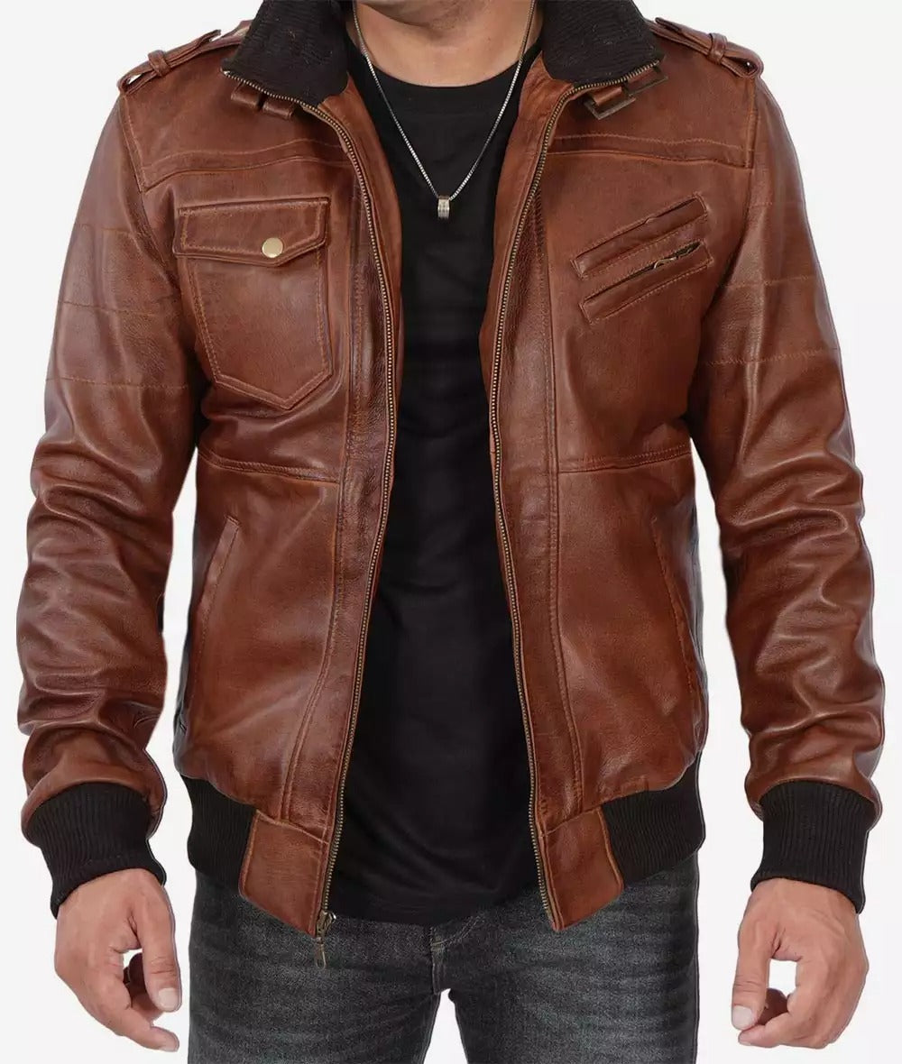 Men's Tall Brown Bomber Hooded Leather Jacket