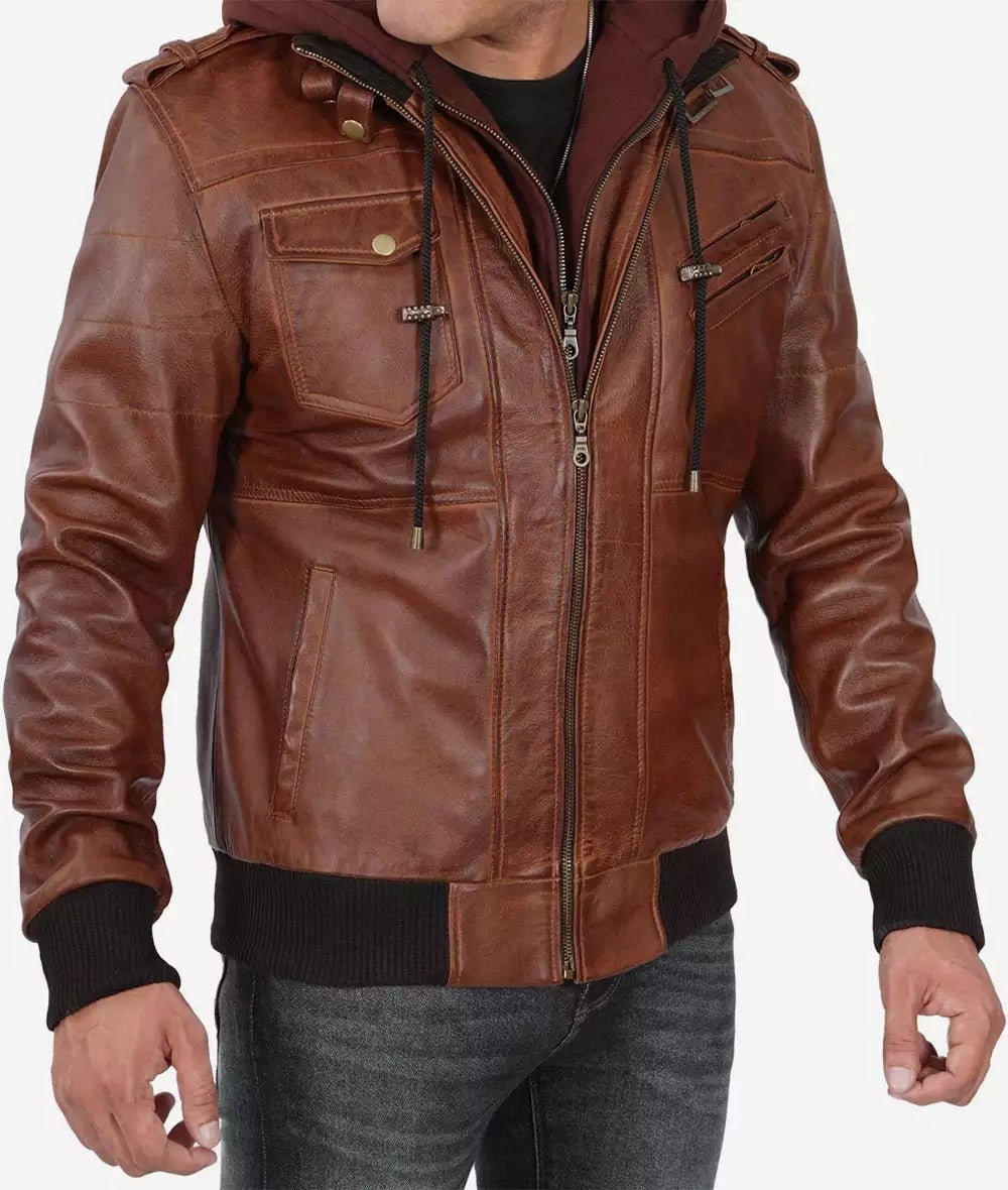 Men's Tall Brown Bomber Hooded Leather Jacket