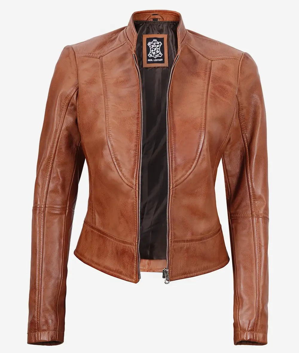 Women's Slim Fit Tan Waxed Biker Leather Jacket