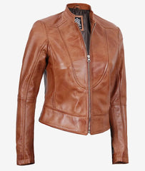 Women's Slim Fit Tan Waxed Biker Leather Jacket