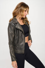 Coalition LA Studded Classic Moto Faux Leather Jacket - Brown