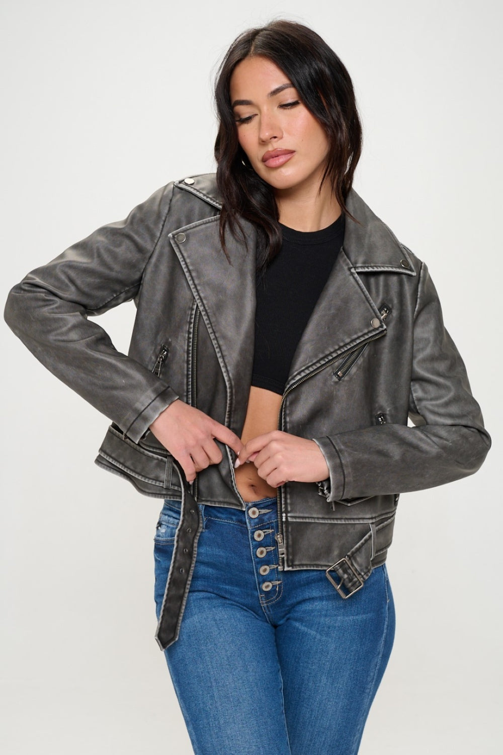 Coalition LA Zip Up Biker Jacket with Belt - Black