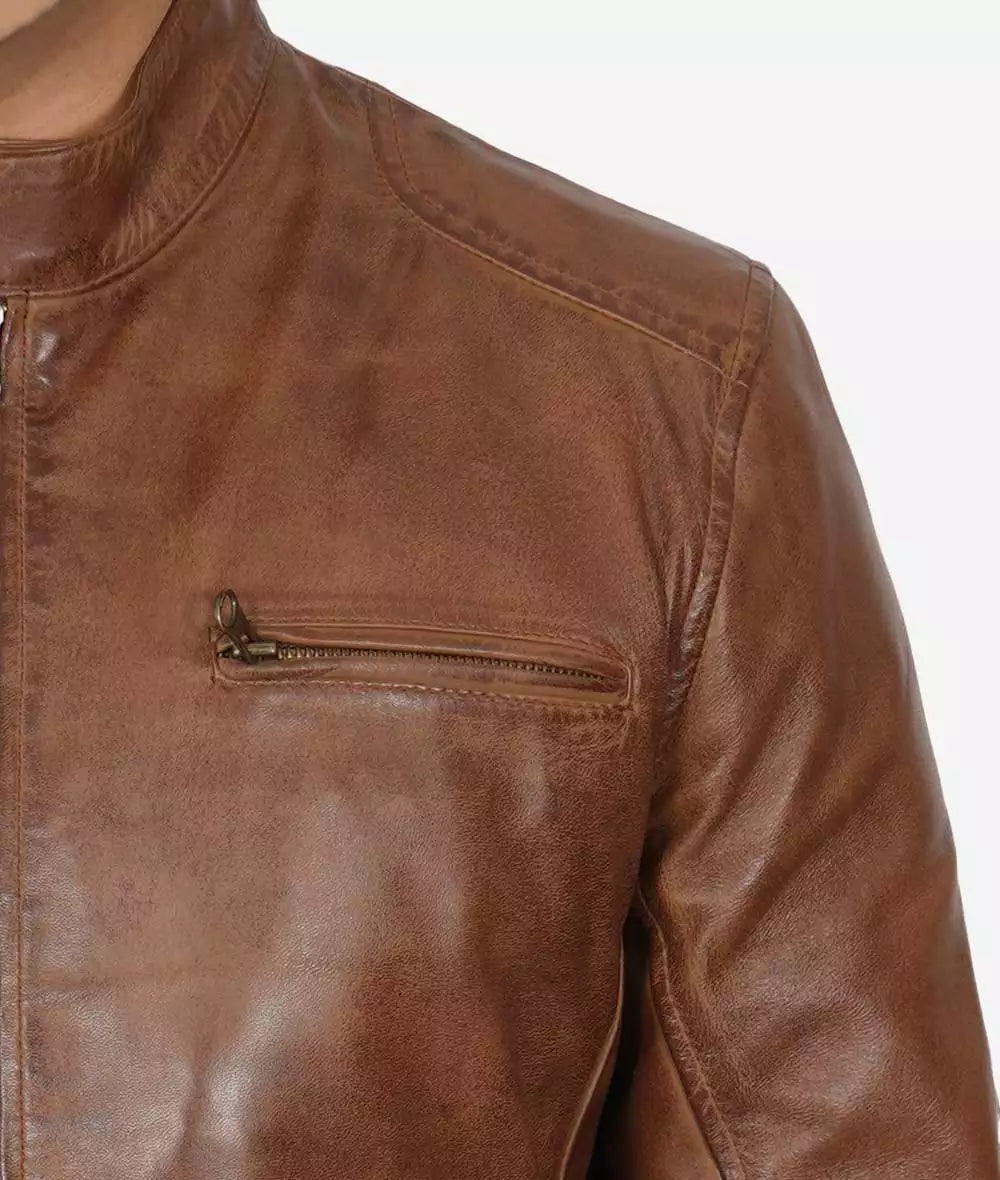 Dodge Men's Waxed Chocolate Brown Cafe Racer Motorcycle Leather Jacket