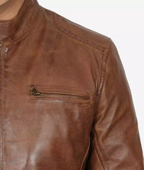 Dodge Men's Waxed Chocolate Brown Cafe Racer Motorcycle Leather Jacket