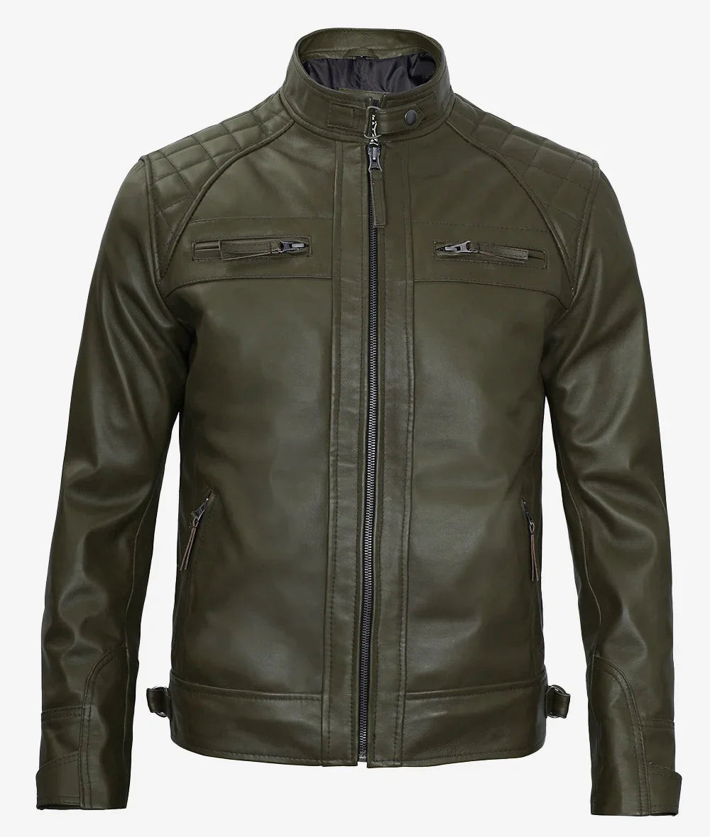 Mens Quilted Shoulder Military Green Cafe Racer Leather Jacket