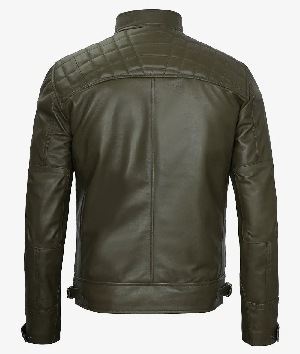 Mens Quilted Shoulder Military Green Cafe Racer Leather Jacket