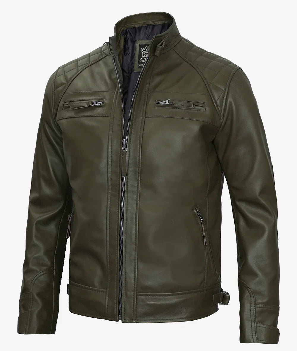 Mens Quilted Shoulder Military Green Cafe Racer Leather Jacket