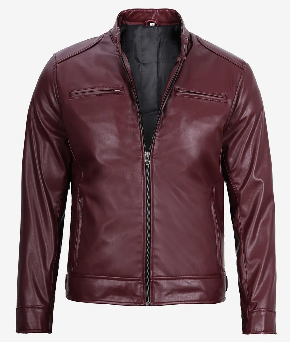 Mens Maroon Cafe Racer Vegan Leather Jacket