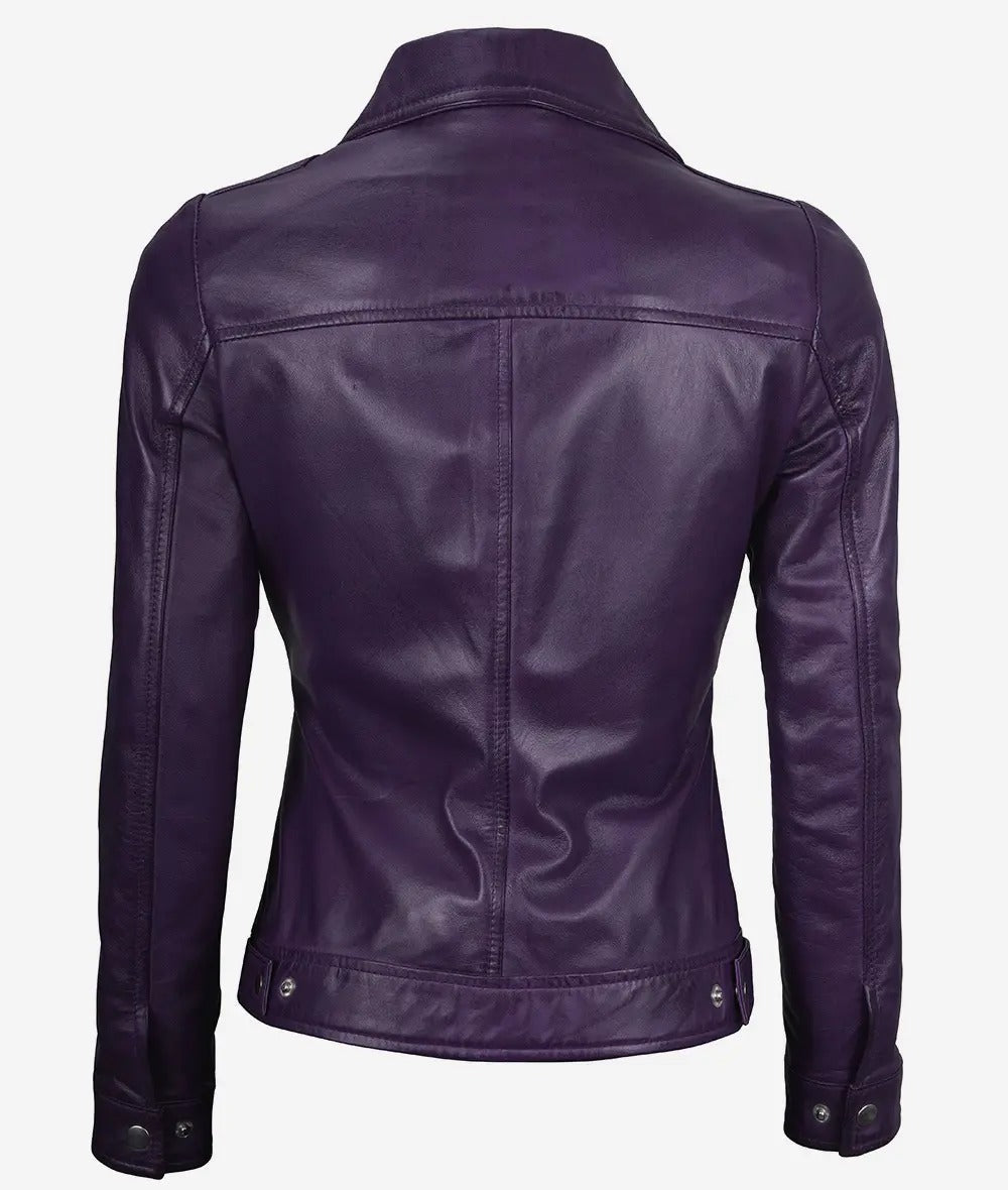 Womens Shirt Collar Purple Leather Jacket