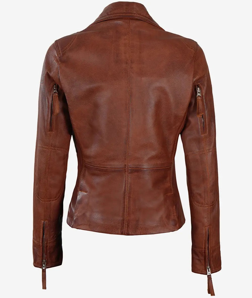 Women's Cognac Brown Asymmetrical Leather Biker Jacket