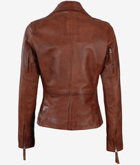 Women's Cognac Brown Asymmetrical Leather Biker Jacket