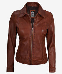 Womens Shirt Collar Cognac Leather Jacket