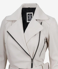 Womens Off White Belted Moto Leather Jacket