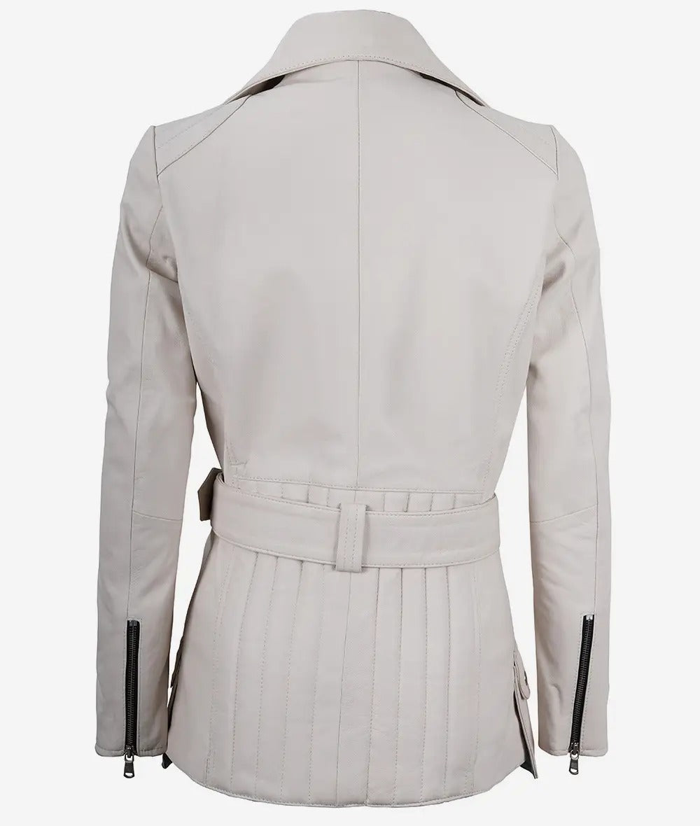 Womens Off White Belted Moto Leather Jacket