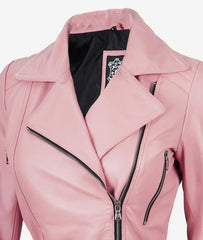 Womens Pink Belted Moto Leather Jacket