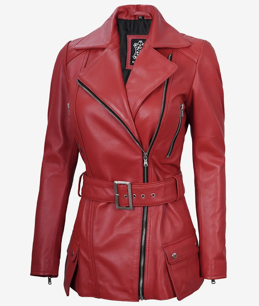 Womens Red Belted Moto Leather Jacket