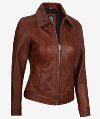 Womens Shirt Collar Cognac Leather Jacket