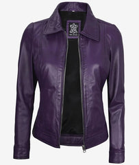 Womens Shirt Collar Purple Leather Jacket