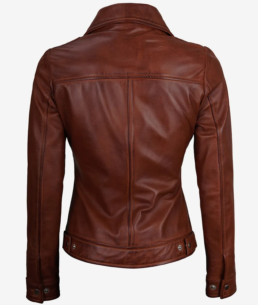 Womens Shirt Collar Cognac Leather Jacket